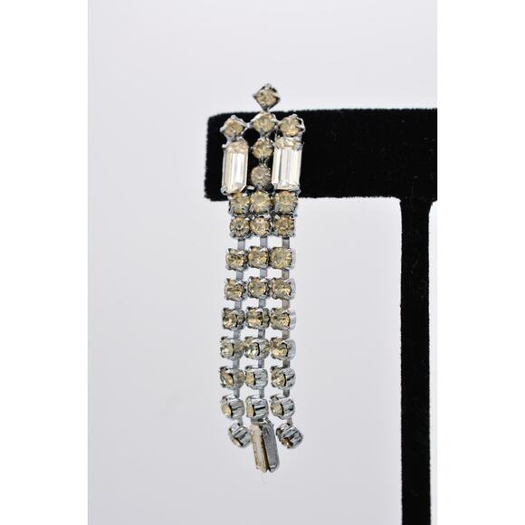Vintage Crystal Clip On Earrings Baguette Rhinestone Dangle Fringe Shiny Bin7 - Picture 6 of 12